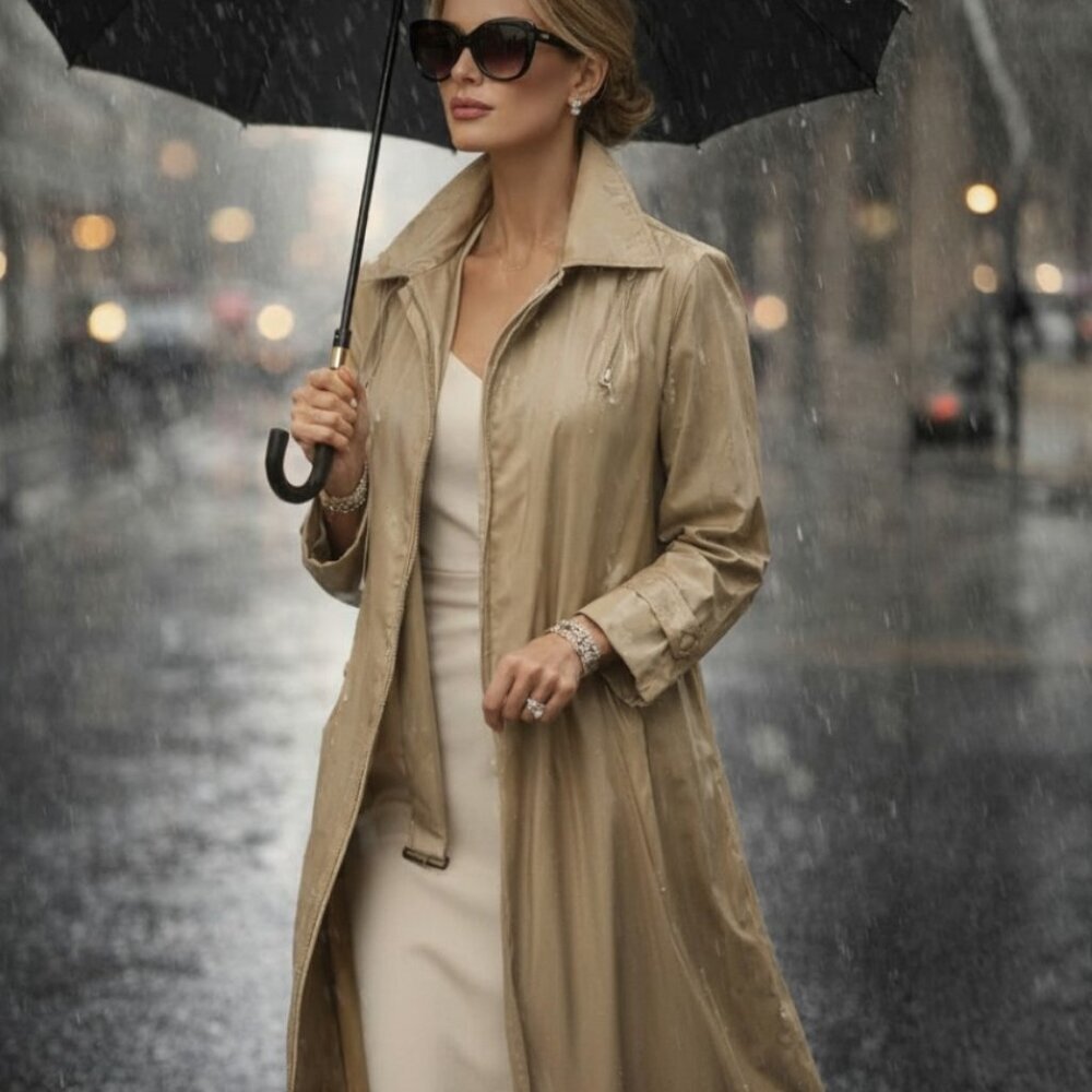 Bogner Trench Coat Tan Foul Weather Hooded Long Raincoat Size 36